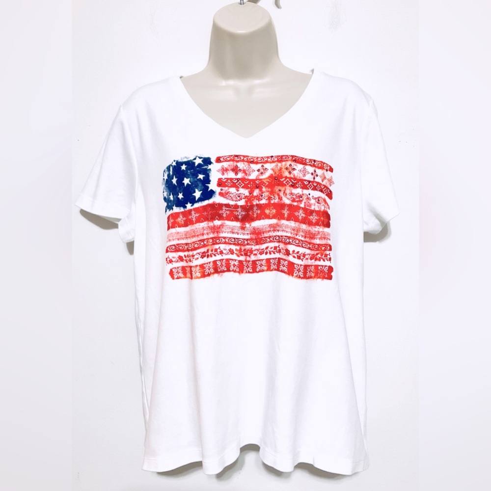 White V-Neck Tee with Distressed American Flag Print